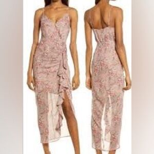 FLORET STUDIOS Floral Pink Ruffled Asymmetric Midi Dress🌺